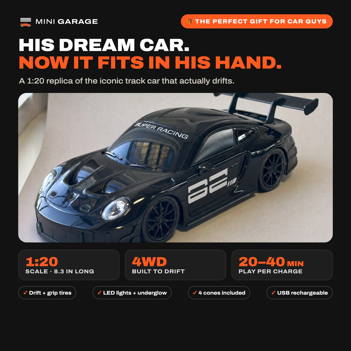 RS Drifter RC drift car - his dream car, now it fits in his hand